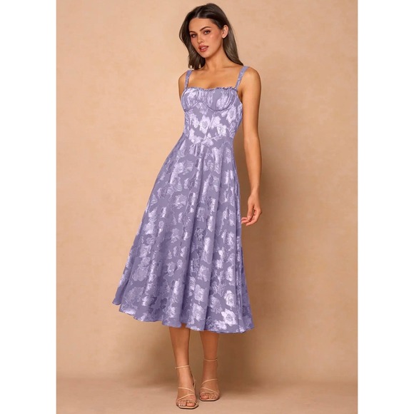 Hdsmfos Dresses & Skirts - Hdsmfos Lavender Floral Jacquard Corset Midi Dress Lace Up Back Purple A-Line